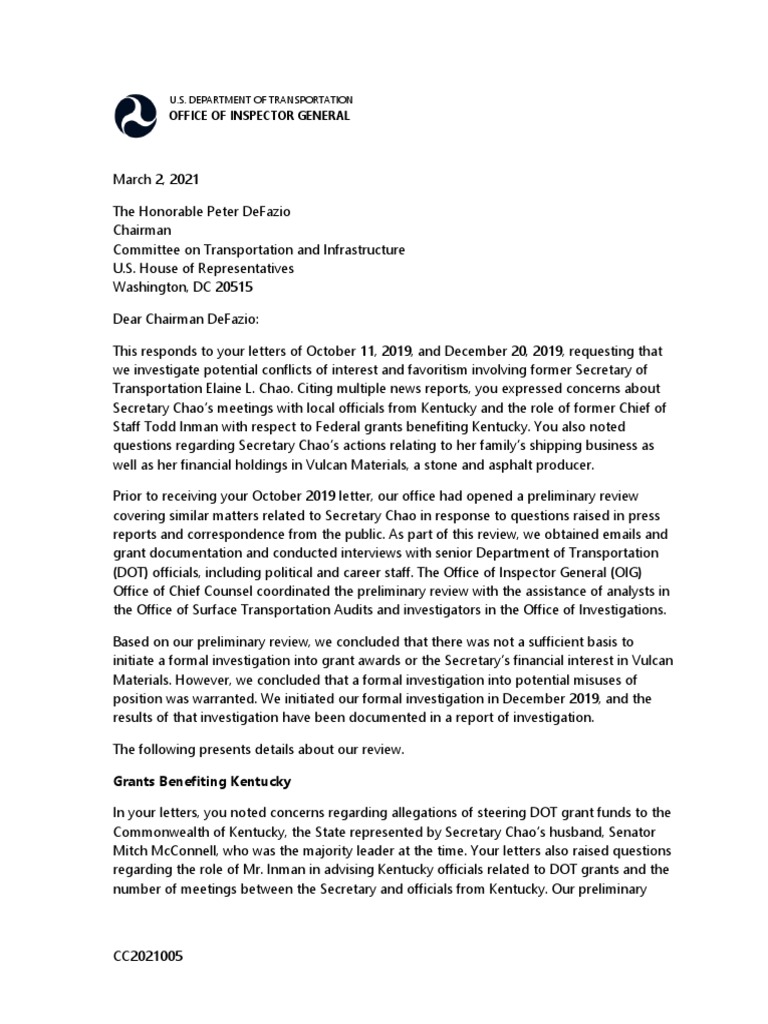 DOT OIG Letter To Chairman Peter DeFazio 2021-03-02 | PDF | Conflict Of ...