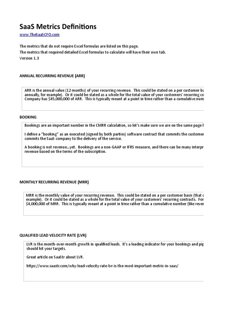 SaaS Metrics v1 4 PDF Business Marketing