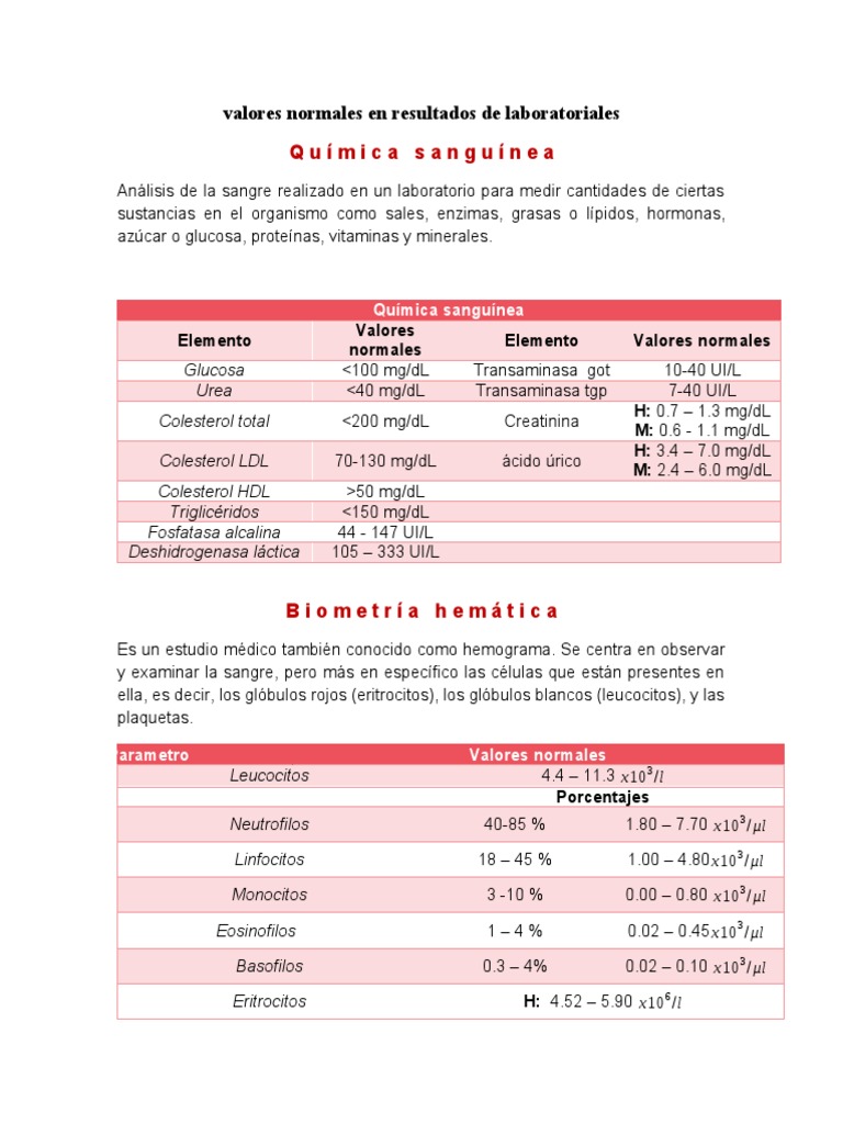 Valores Normales de Análisis de Sangre | PDF | Transaminasa | Sangre