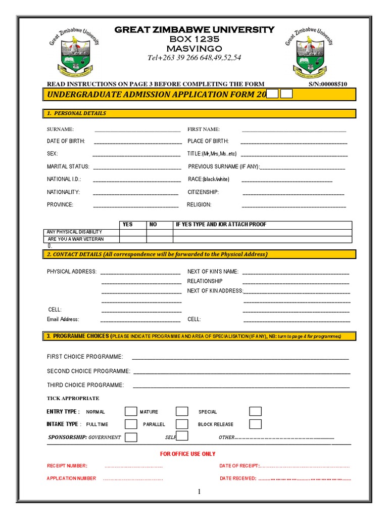 Undergraduate Admission Application Form 20: Great Zimbabwe University