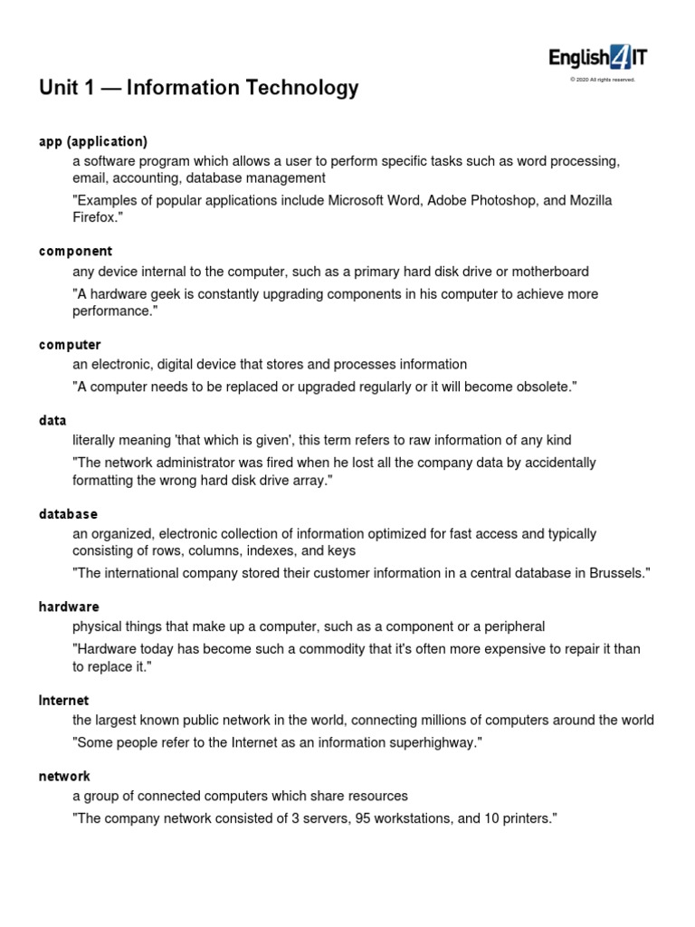 IT Vocabulary: Unit 1 Essentials | PDF | Technology & Engineering