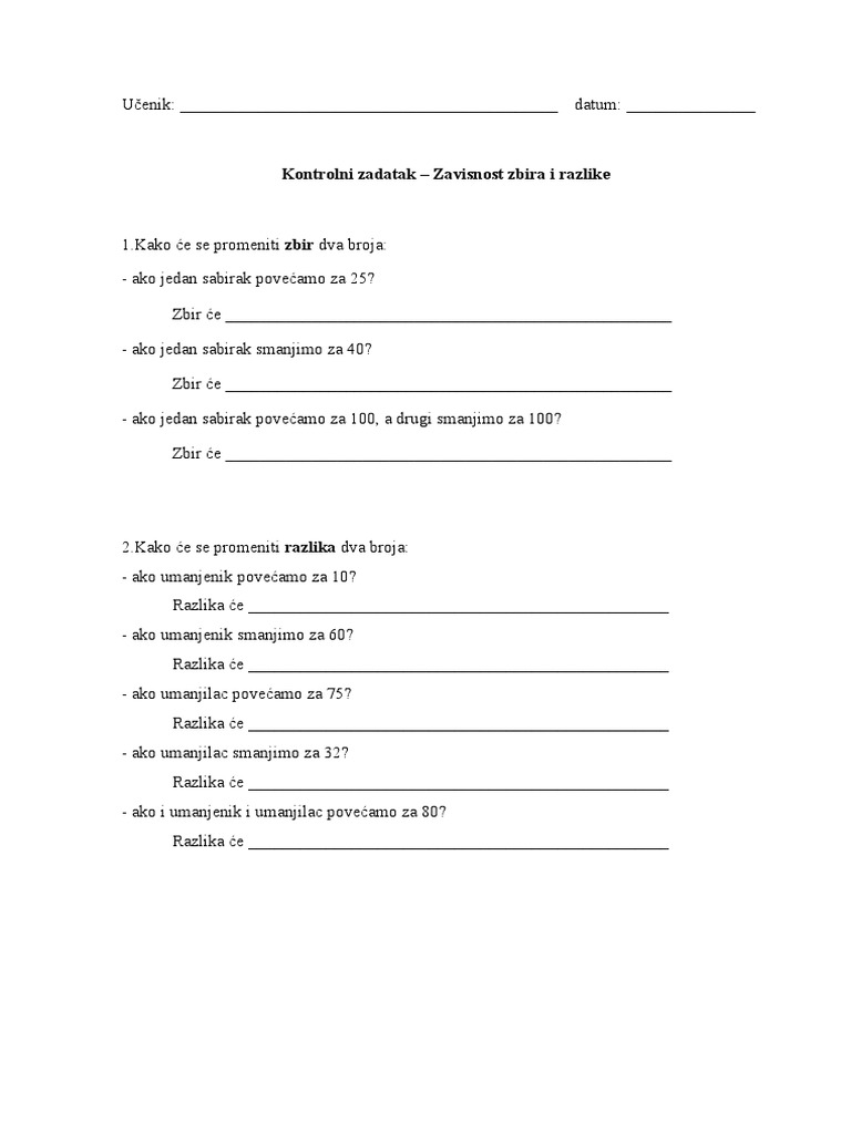 06 Matematika 4 Kontrolni Zadatak Zavisnost Zbira I Razlike | PDF