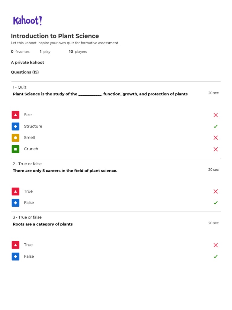 Kahoot PDF Plants Botany