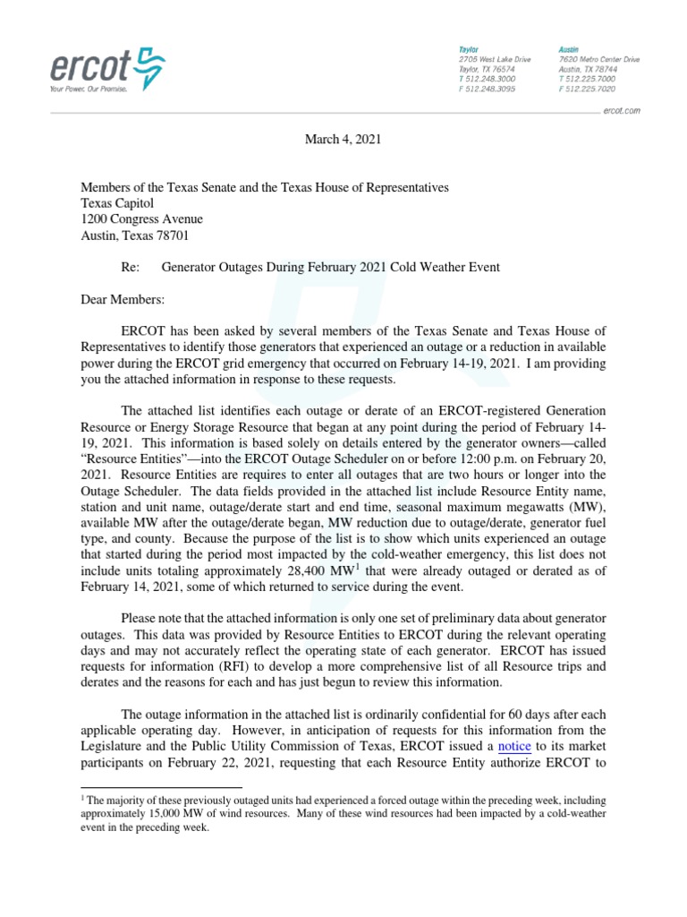 ERCOT Letter Re Feb 2021 Generator Outages | Download Free PDF ...