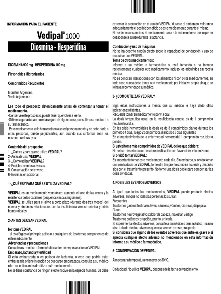 345101a Vedipal 1000 Prospecto Pip | PDF | Efecto adverso ...
