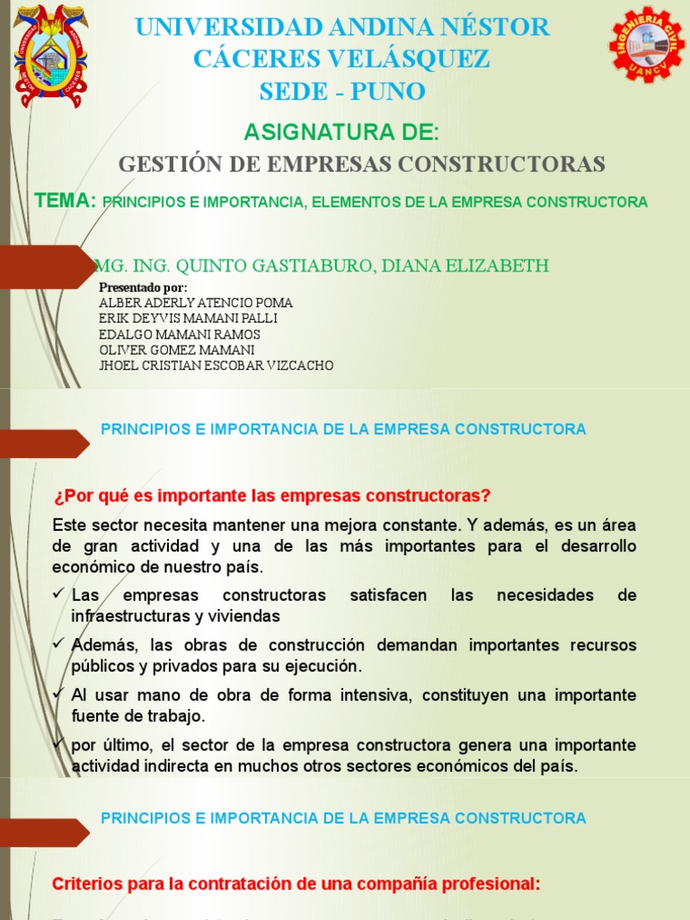 G 10 Principios e Importancia, Elementos de La Empresa Constructora ...