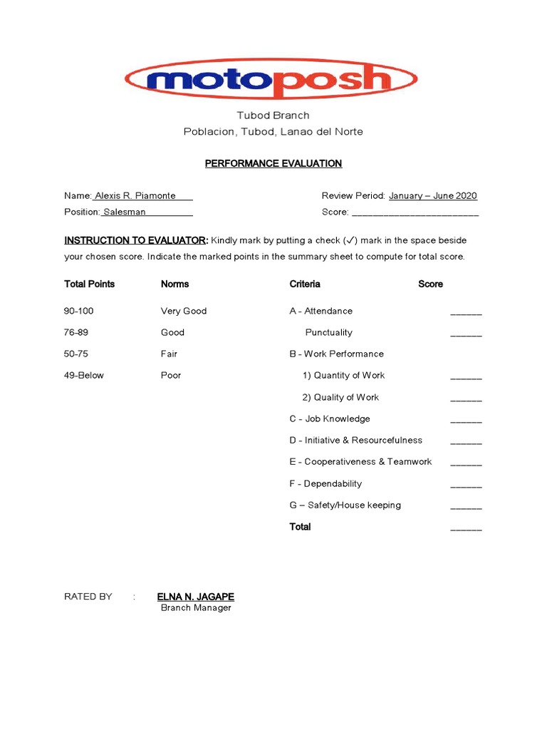 Motoposh Performance Evaluation PDF Safety Performance Appraisal