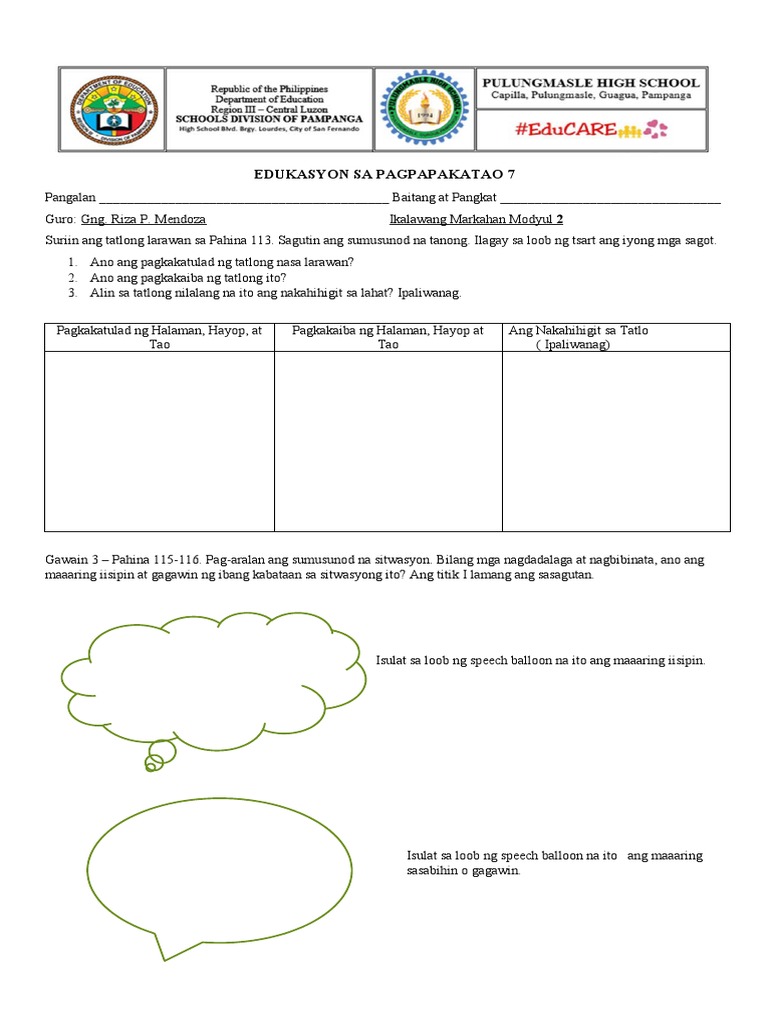 Q2 W2 Answer Sheet | PDF