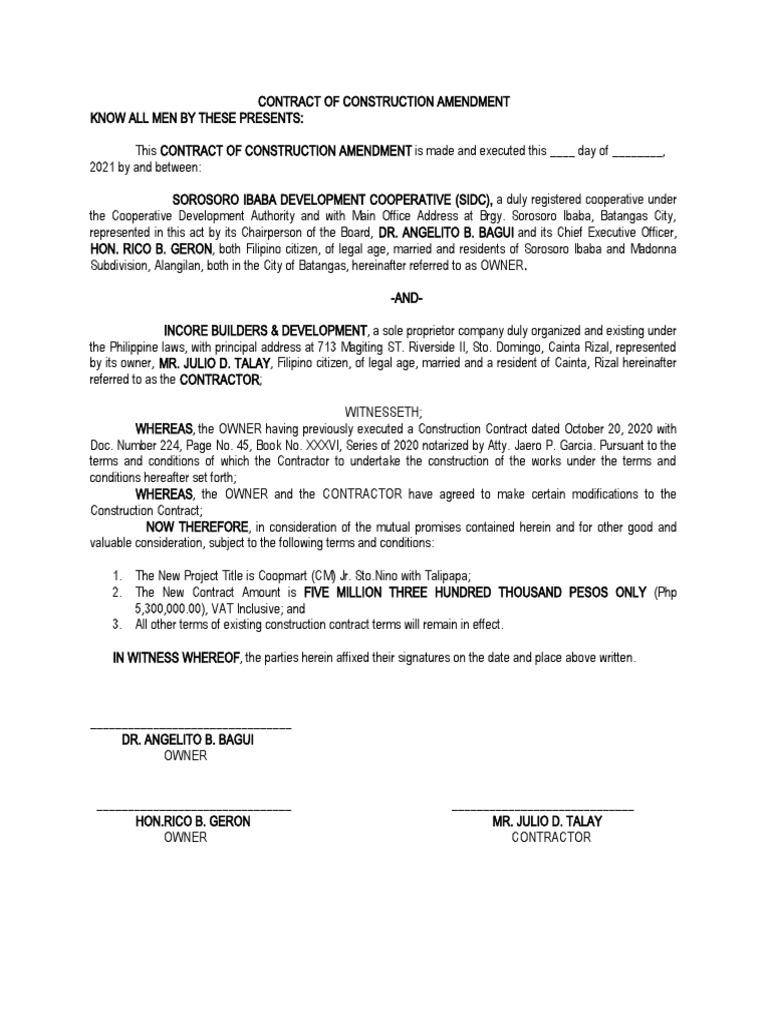 CONTRACT OF CONSTRUCTION AMENDMENT Sto Nino | PDF | Private Law | Justice