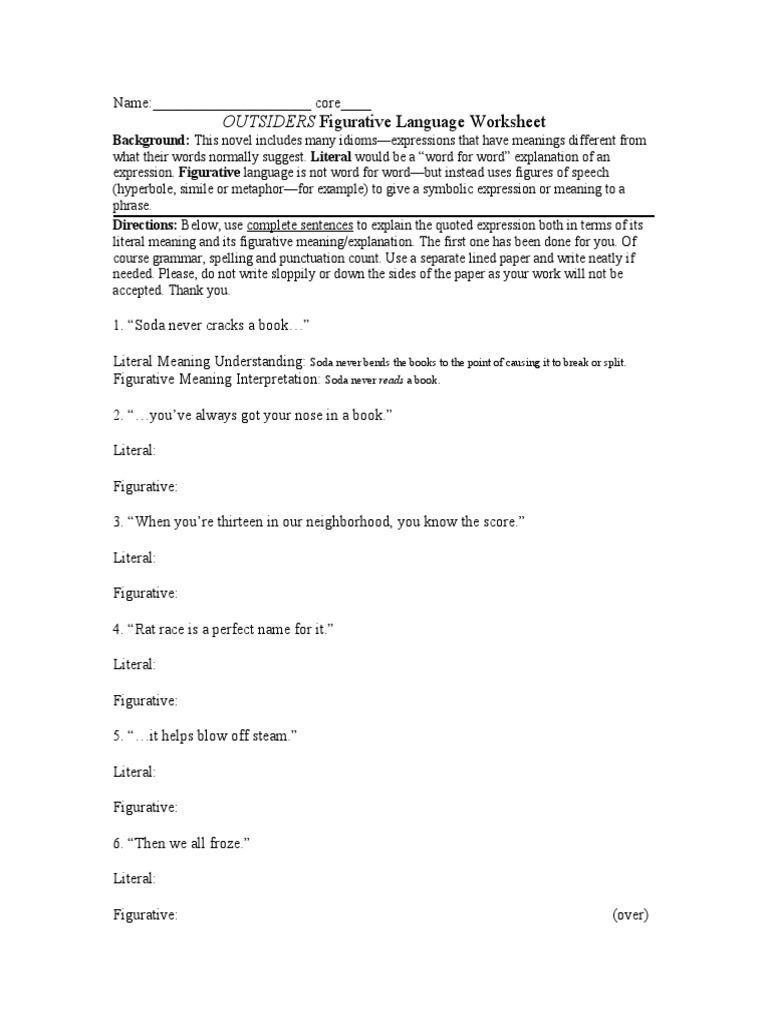 Outsiders Figurative Language Worksheet PDF