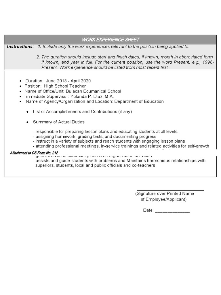 CS Form No. 212 Attachment Work Experience Sheet PDF
