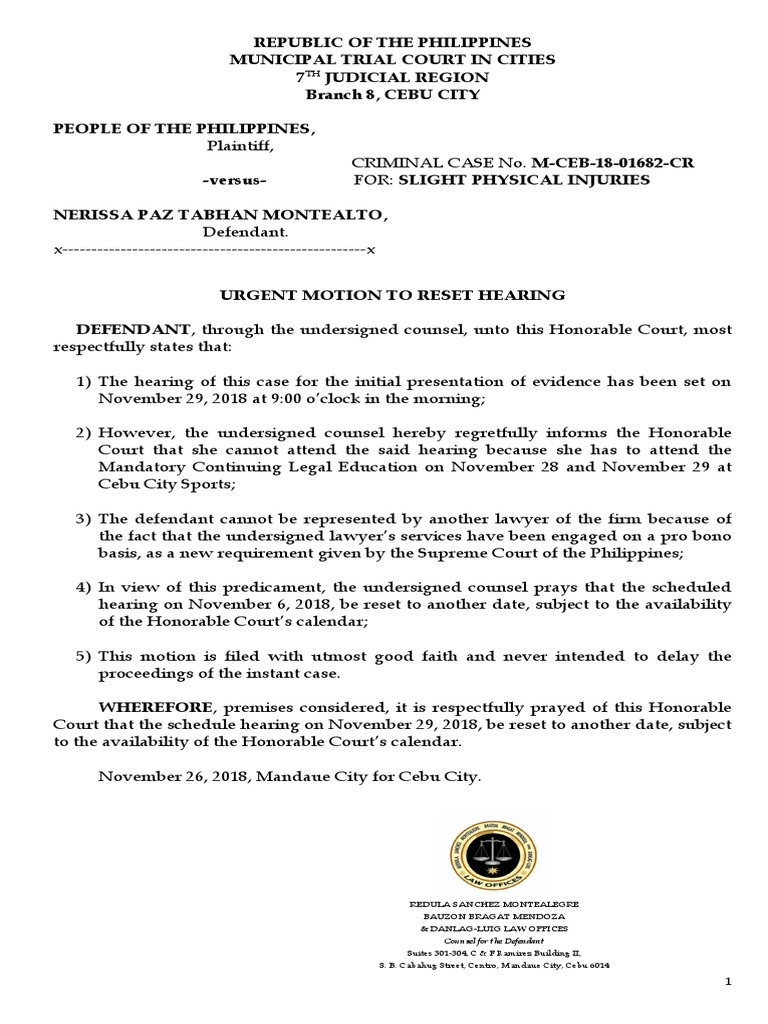 Motion To Reset Hearing (Slight PI) PDF Lawyer Courts