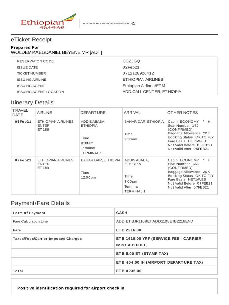 Ethiopian Airlines eTicket Receipt | PDF | Business