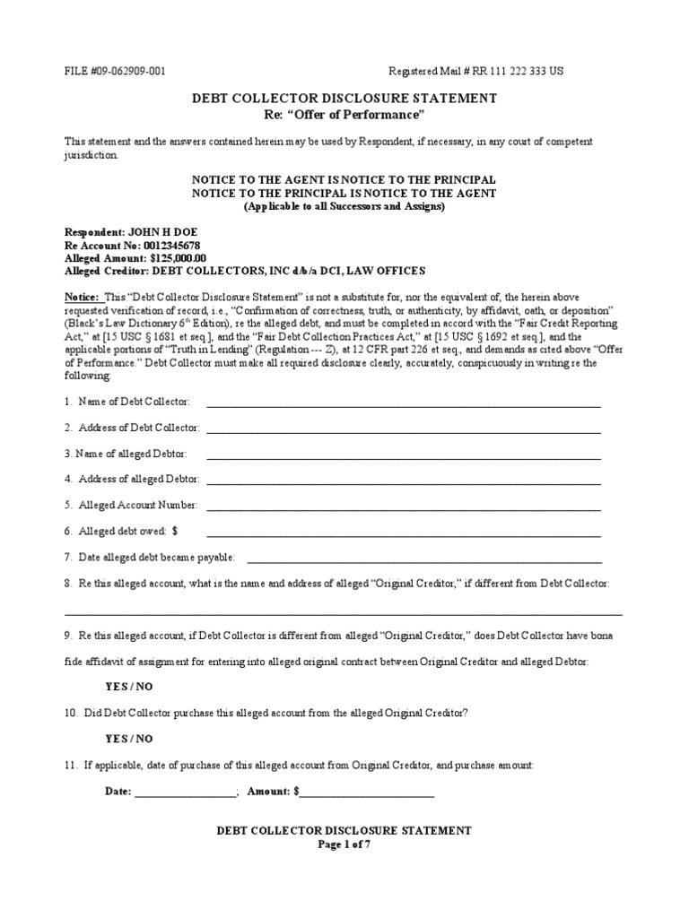 Debt Collector Disclosure Statement | PDF | Debt | Liability (Financial ...