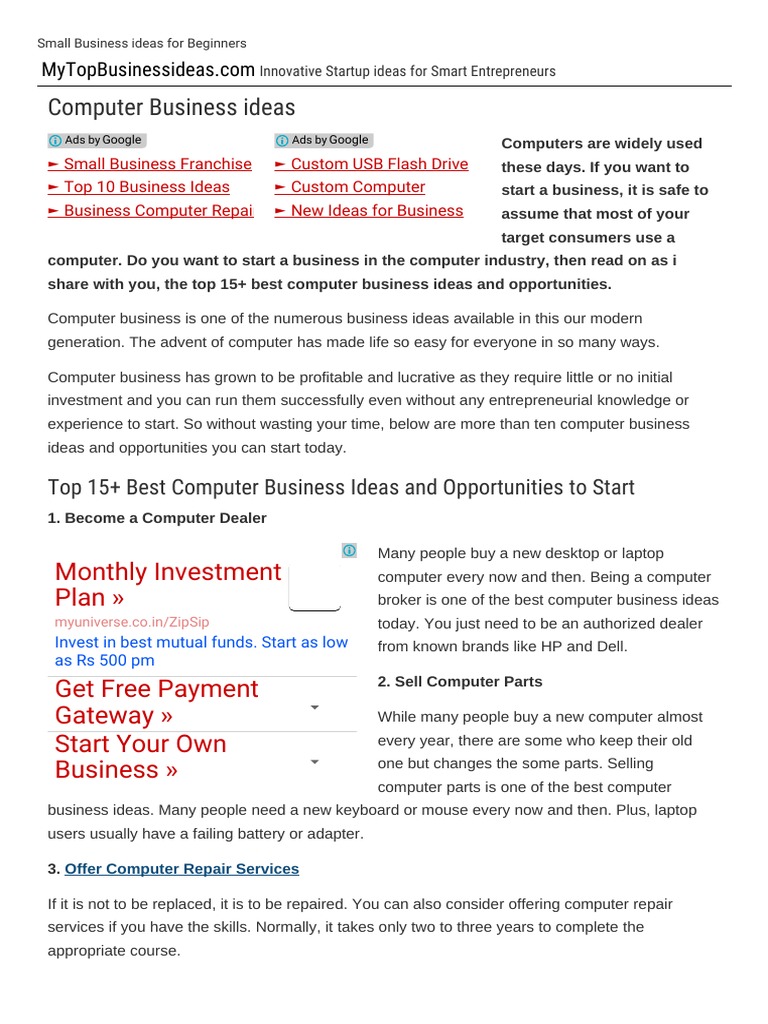 Top 15+ Computer Business Ideas + Opportunities To Start PDF Laptop