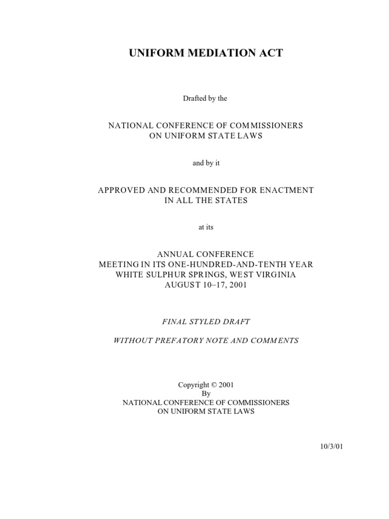 Uniform Mediation Act National Conference of Com Missioners On Uniform