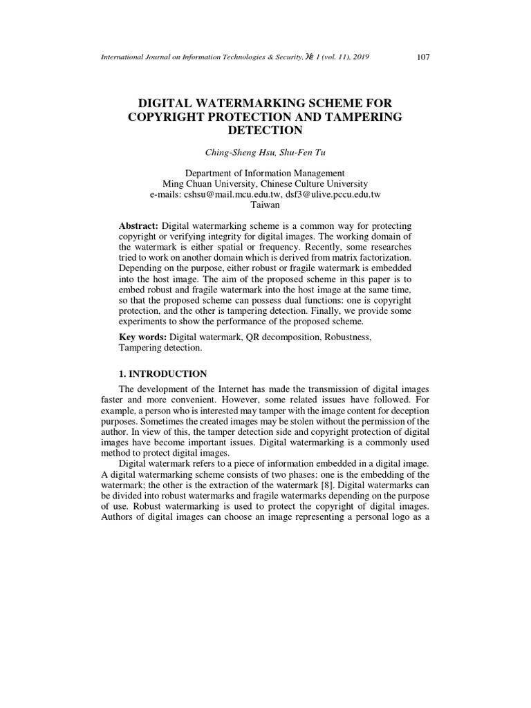 Digital Watermarking Scheme For Copyright Protction and Tampering ...