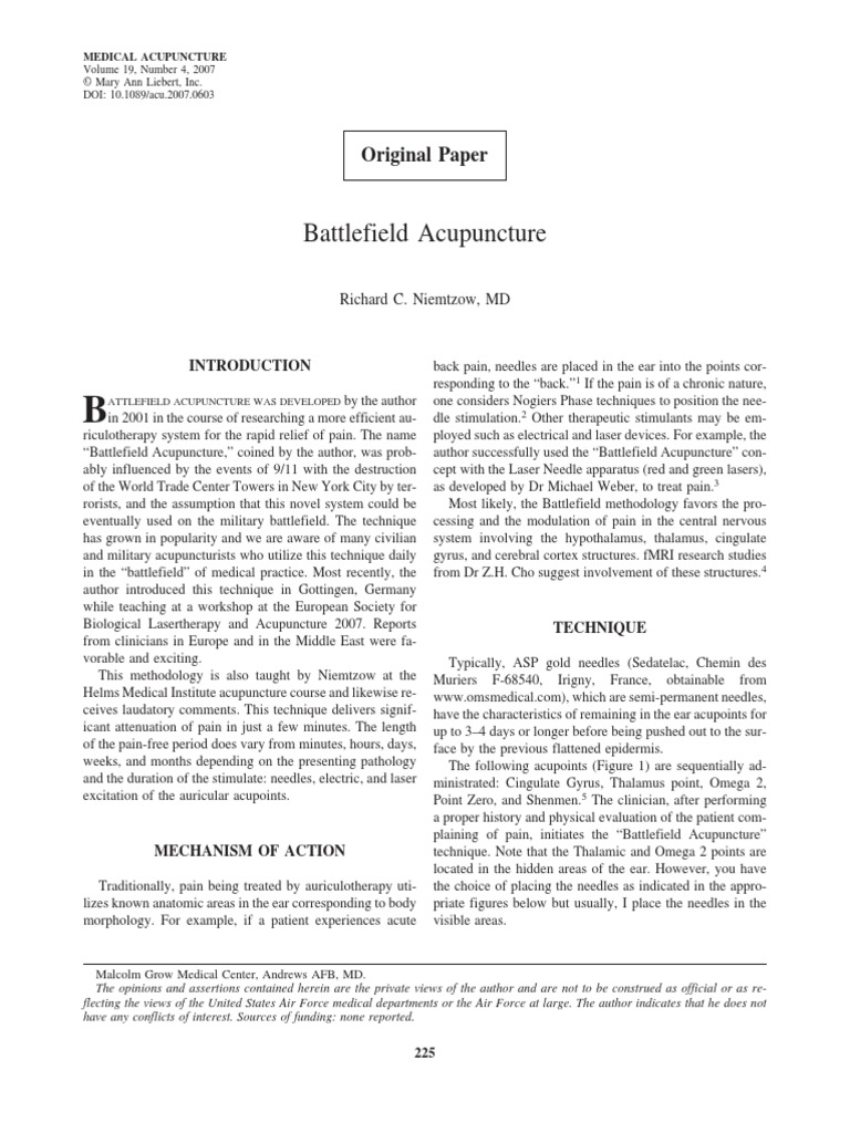 Battlefield Acupuncture: Original Paper | PDF | Acupuncture | Pain