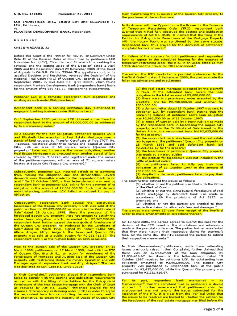 LCK Industries v. Planters Development Bank PDF Foreclosure
