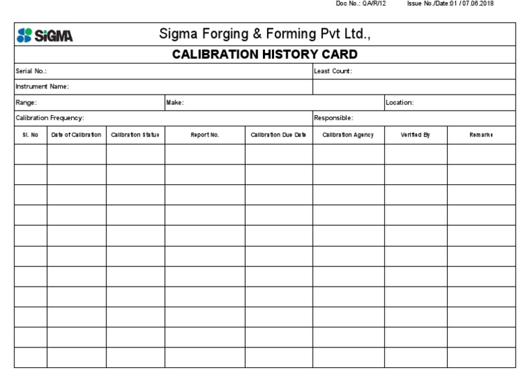QAR12 Calibration History Card PDF