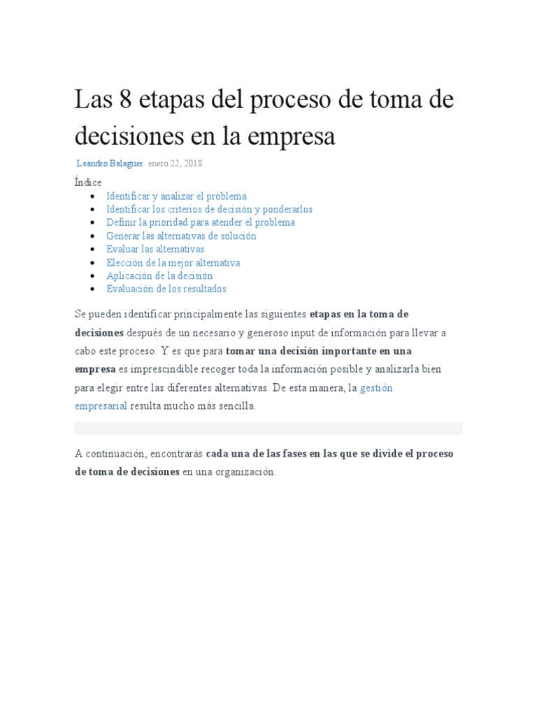 Las 8 Etapas Del Proceso de Toma de Decisiones en La Empresa | PDF ...