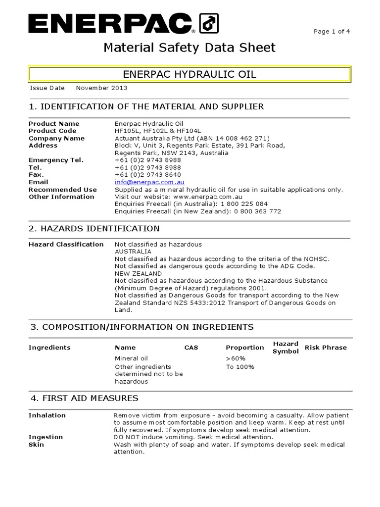 MSDS Enerpac Hydraulic Oil PDF Dangerous Goods Safety