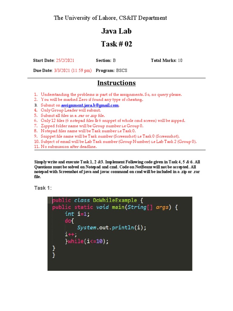 Java Lab Task # 02: Instructions | PDF
