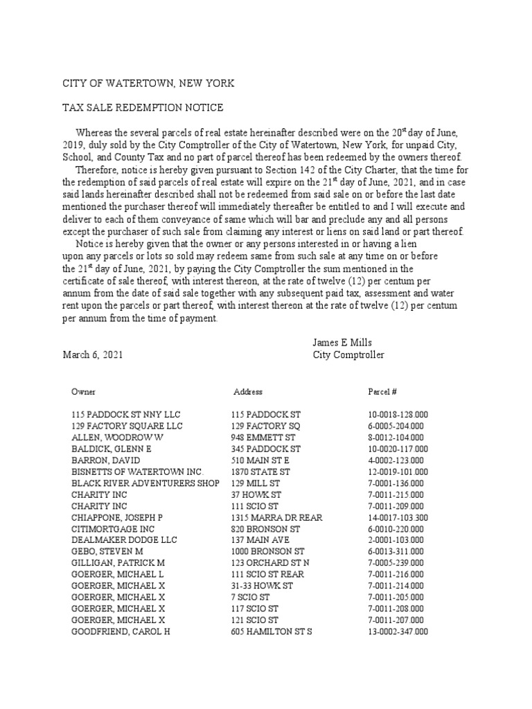 City of Watertown 2021 Tax Sale Redemption Notice PDF Land Law