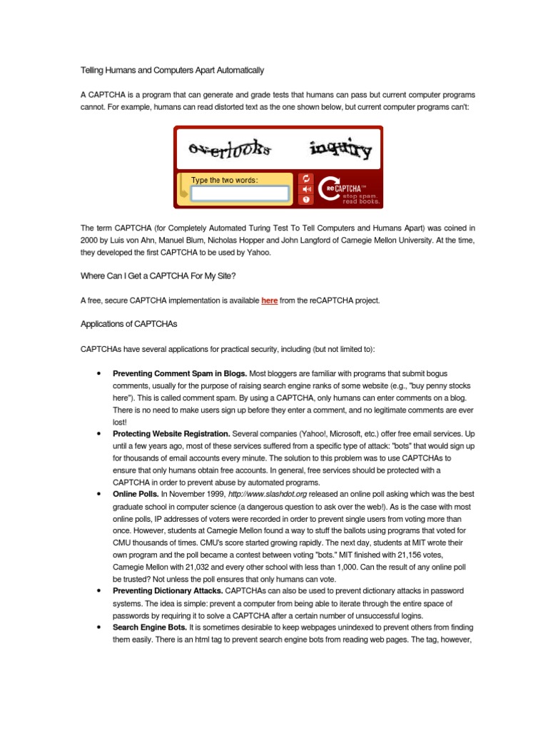 History and Use of CAPTCHAs | PDF | Internet Bot | Cyberspace