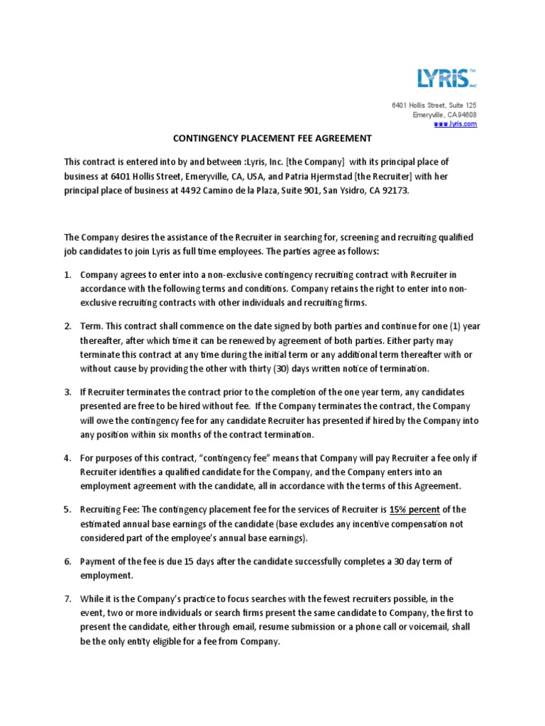 Contingency Placement Fee Agreement | PDF | Recruitment | Employment