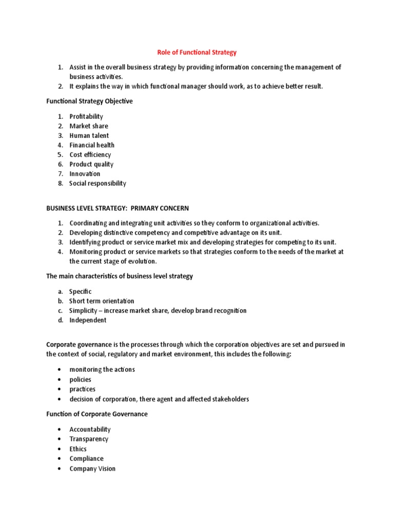 Role of Functional Strategy | PDF | Corporate Governance | Strategic ...