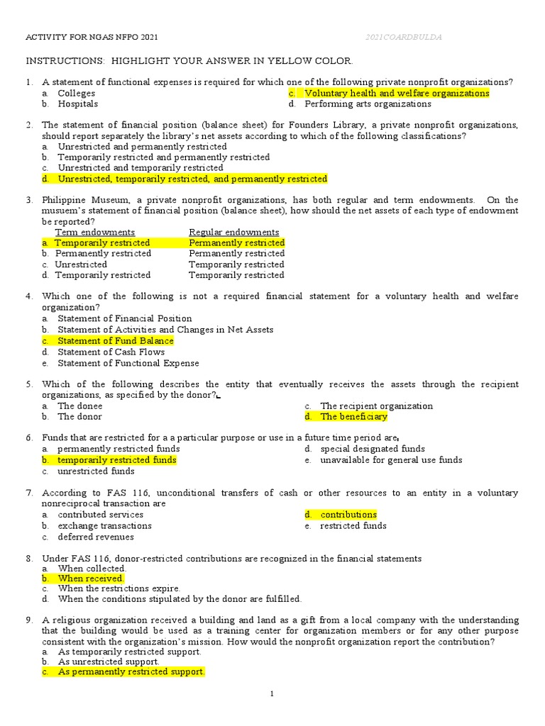 Nonprofit Financial Statement Quiz 2021 | PDF | Nonprofit Organization ...