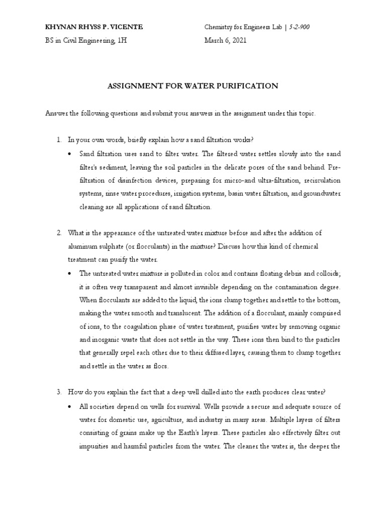Water Purification Assignment PDF Water Purification