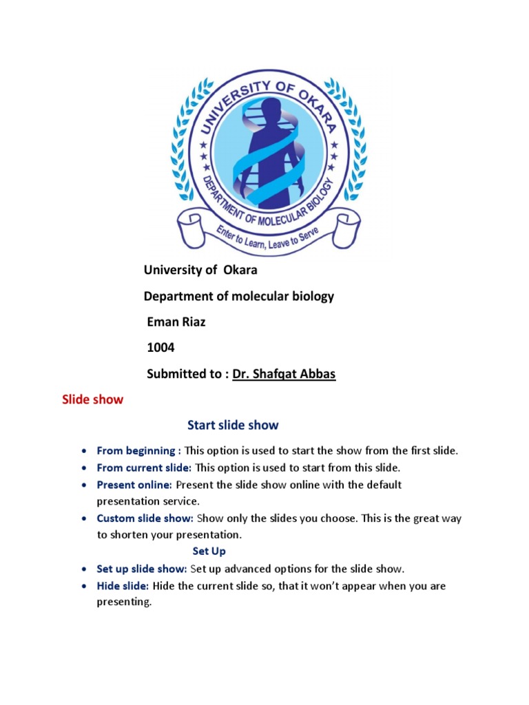 University of Okara Department of Molecular Biology Eman Riaz 1004 ...