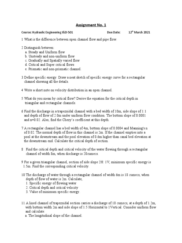 Hydraulic Engineering Assignment Guide | PDF | Fluid Dynamics | Gases