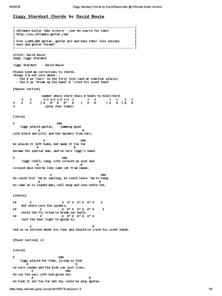 Ziggy Stardust Chords by David Bowie Tabs PDF Guitars