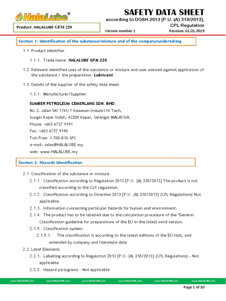 Safety Data Sheet for Halalube GFM 220 Lubricant Hazards, Composition