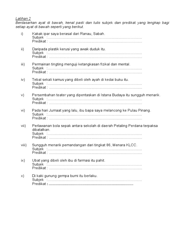 Jawapan Latihan Bm Subjek Predikat Pdf