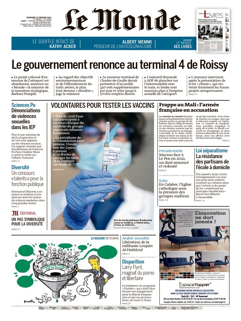 Journal Le Monde Du Vendredi 12 Fevrier 2021 PDF Mali France photo