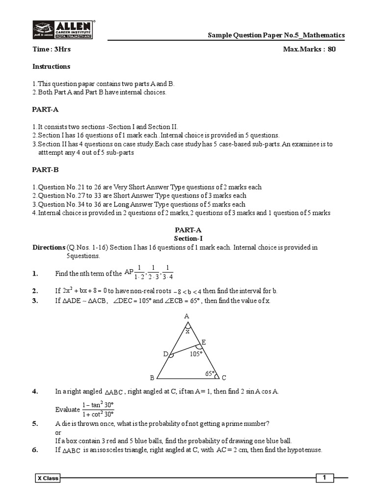 Class X Mathematics Sample Paper 5 | PDF | Circle | Triangle