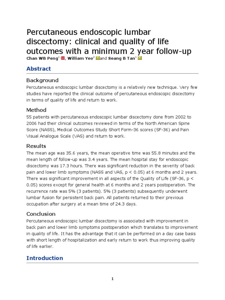 Percutaneous Endoscopic Lumbar Discectomy PDF Surgical Specialties Back Pain