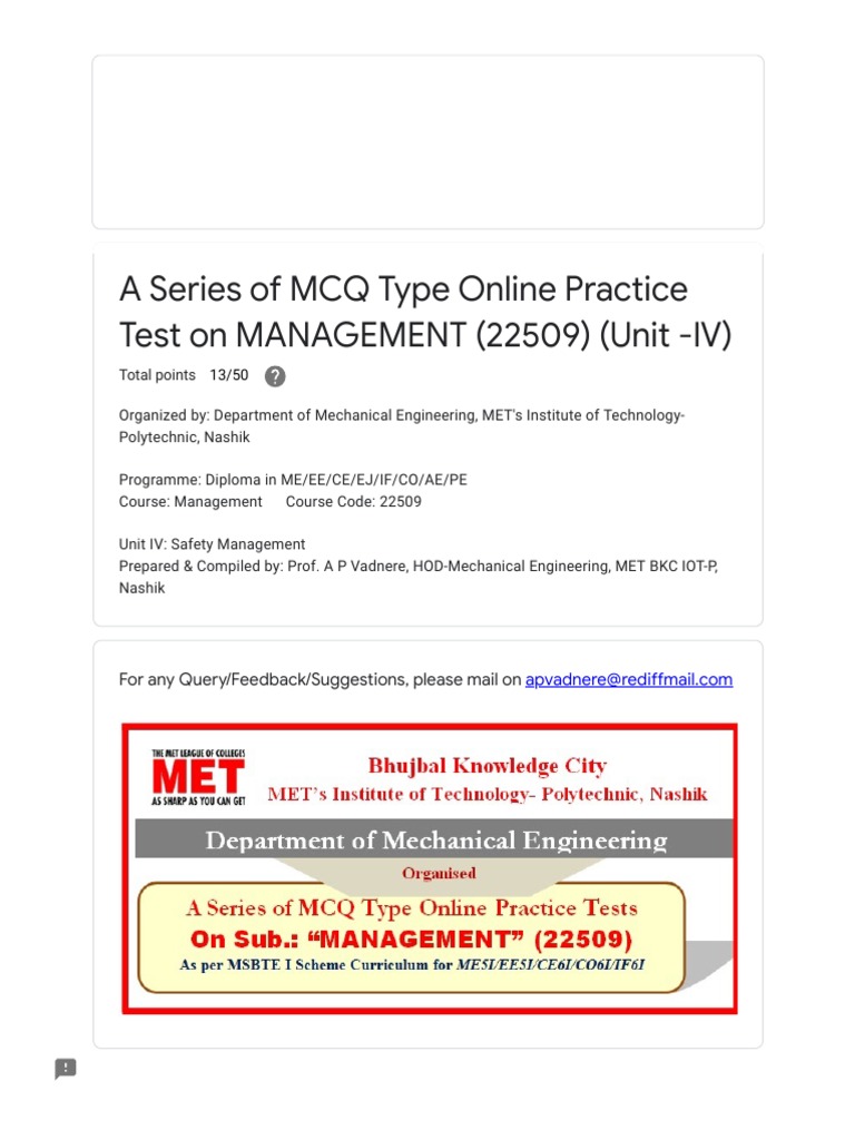 A Series of MCQ Type Online Practice Test On MANAGEMENT (22509) (Unit