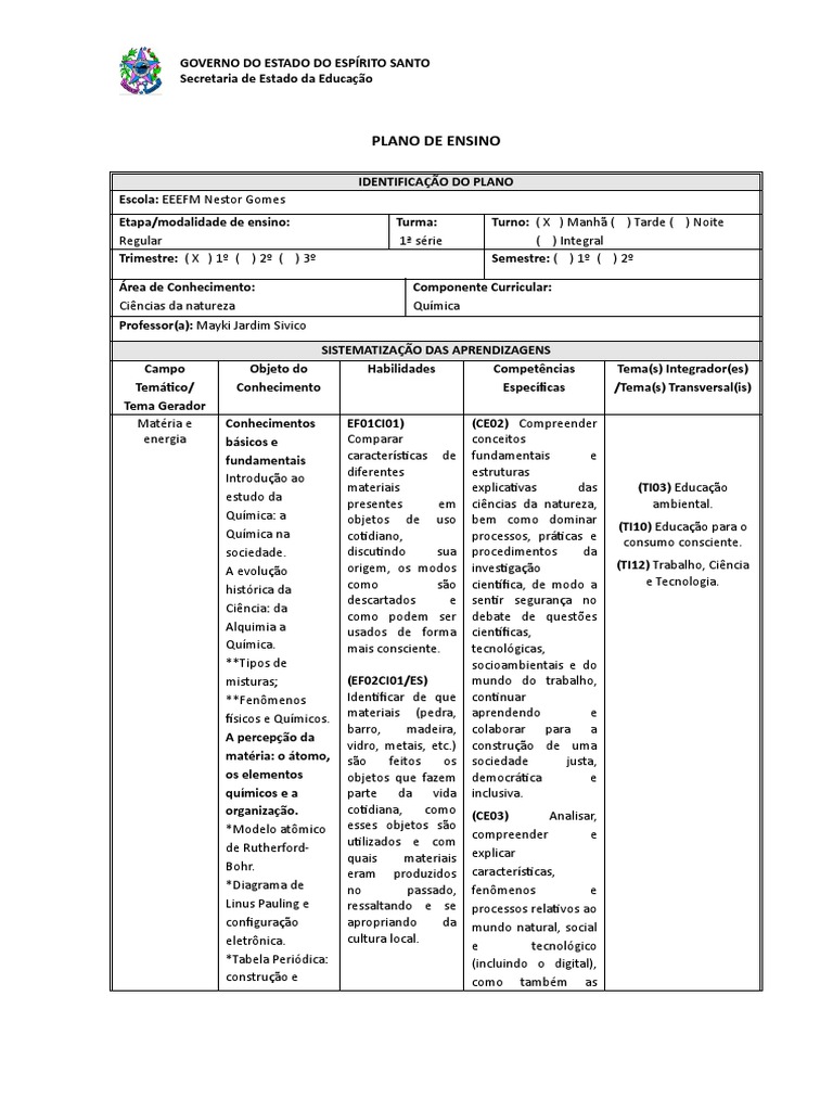 PLANO DE ENSINO - Modelo | Download grátis PDF | Ciências naturais ...