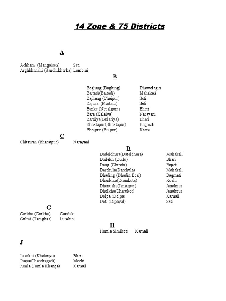 Nepal's 14 Zones and 75 Districts List | PDF
