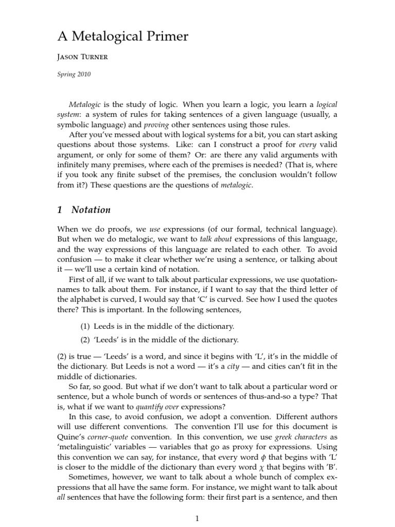 A Metalogical Primer 1 Notation PDF Model Theory Logic