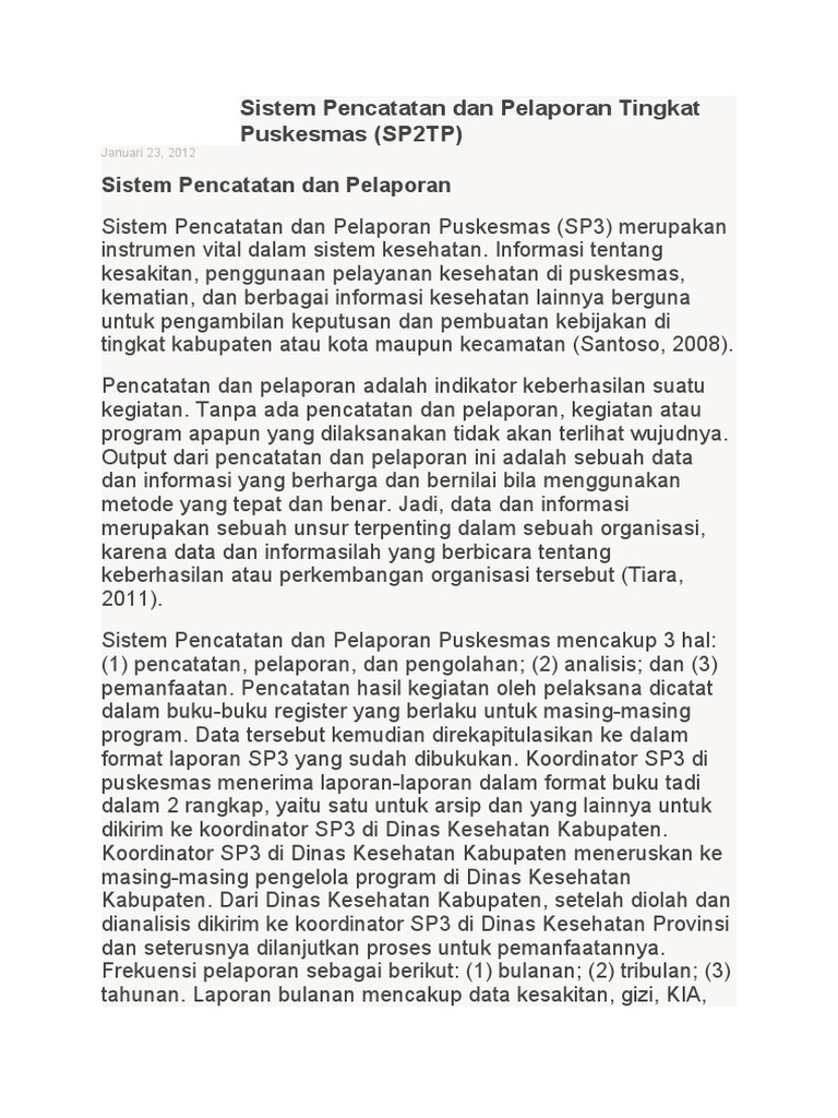 Sistem Pencatatan Dan Pelaporan Tingkat Puskesmas | PDF