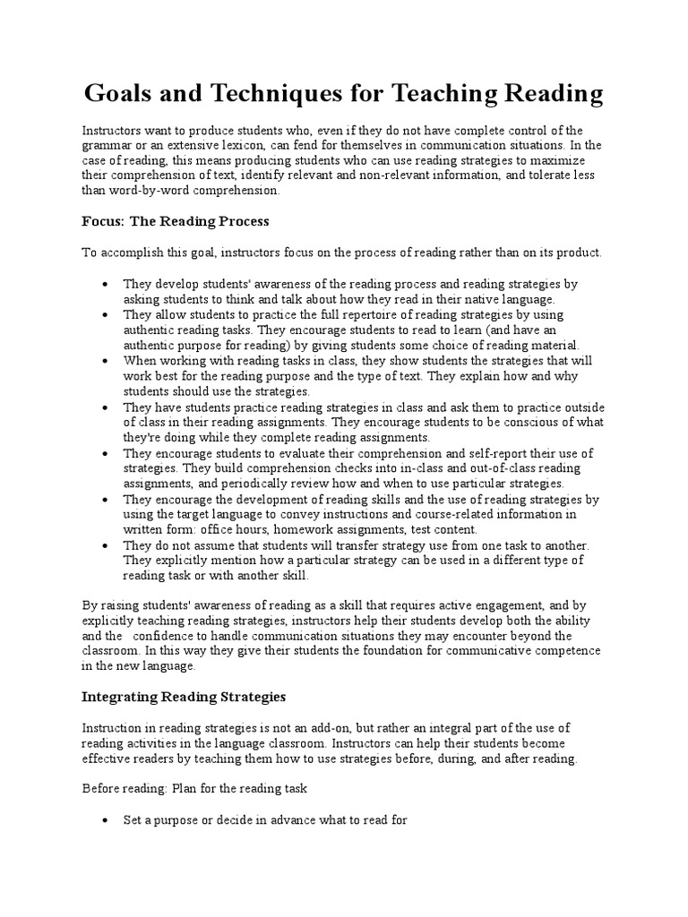 Goals and Techniques For Teaching Reading PDF Reading (Process