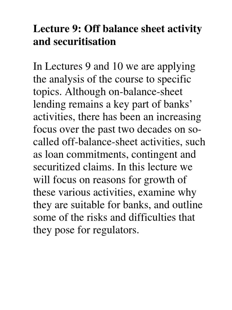 Off Balance Sheet Activities PDF Securitization Credit Default Swap