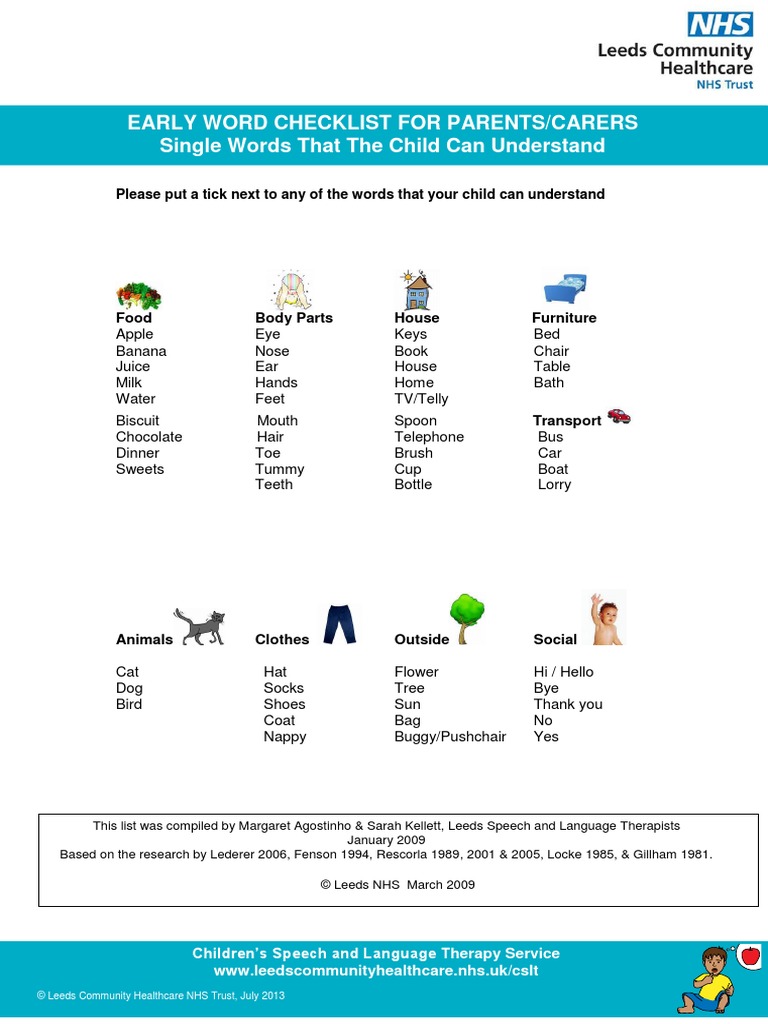 Early Word Checklist For Parents, Understanding | PDF