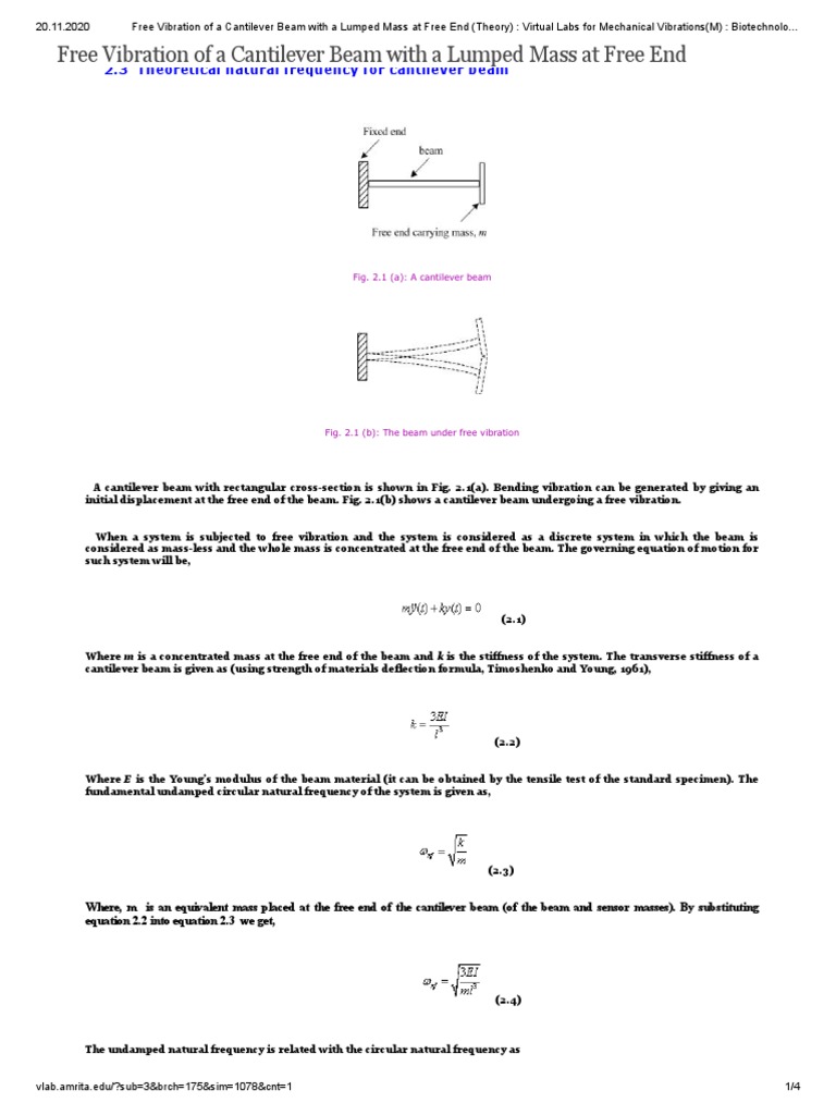 Free Vibration of A Cantilever Beam With A Lumped Mass at Free End ...